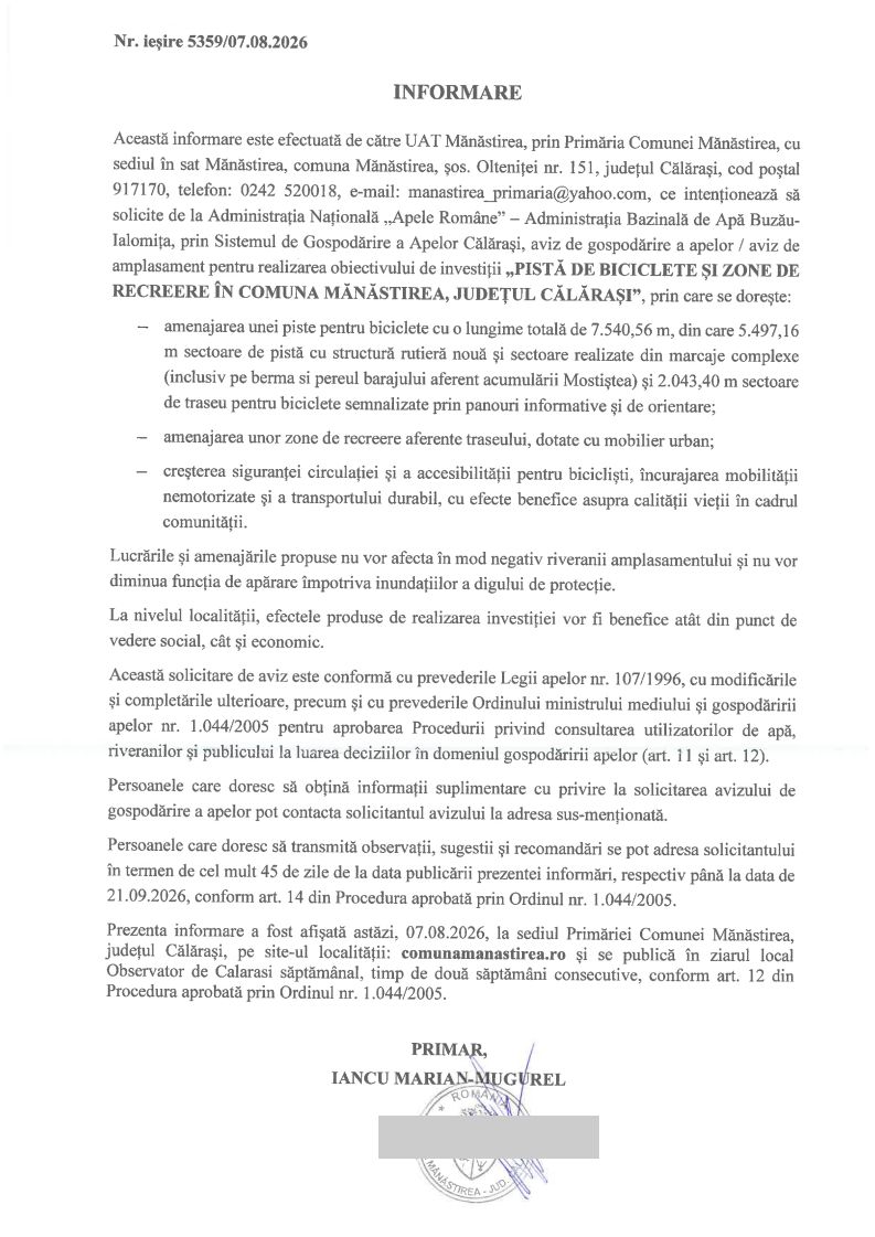 Informare publica MANASTIREA